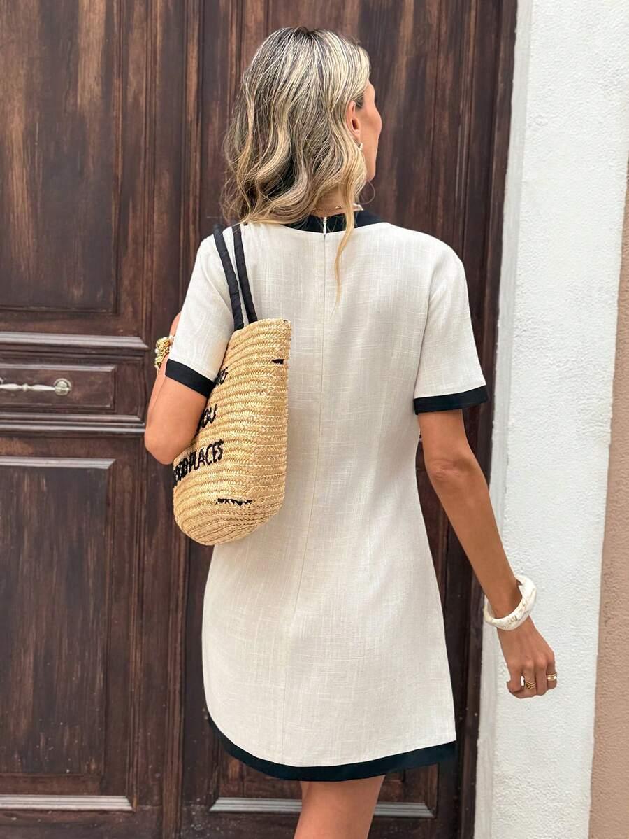 SHEIN BEŻOWA SUKIENKA Z DOMIESZKĄ LNU S09__L