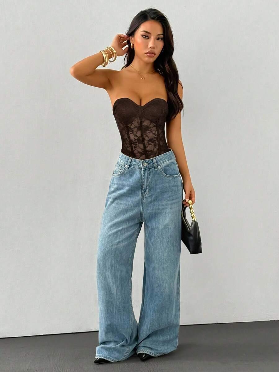 SHEIN BRĄZOWE BODY ODKRYTE RAMIONA ZDOBIENIE KORONKA S09__S