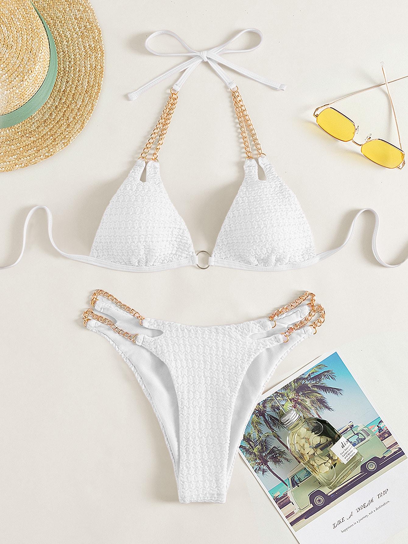 SHEIN BIAŁY KOMPLET BIKINI ŁAŃCUCH S09__XS