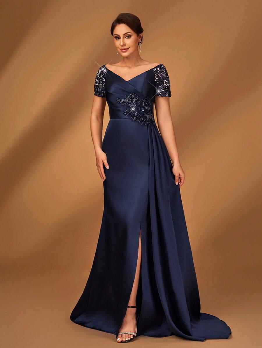 SHEIN GRANATOWA MAXI SUKIENKA ZDOBIENIE S09__L
