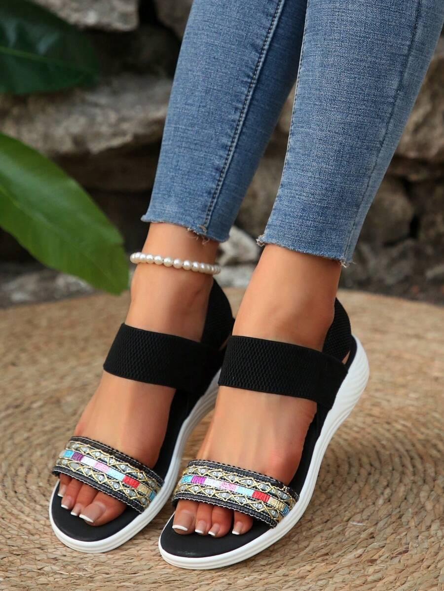 SHEIN CZARNE SANDAŁY POŁYSK ZDOBIENIE CASUAL PK01__37