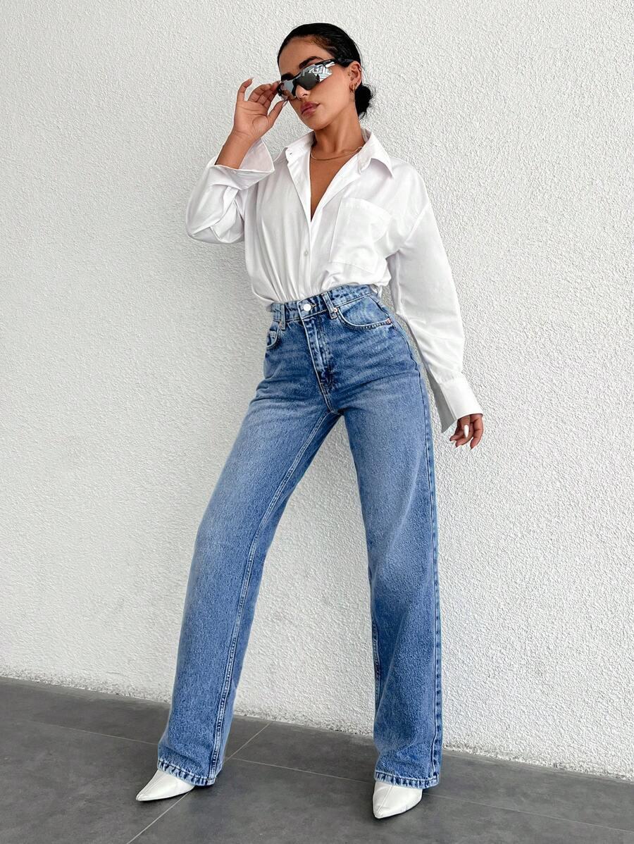 SHEIN SPODNIE JEANS WYSOKI STAN PROSTA NOGAWKA S06__S
