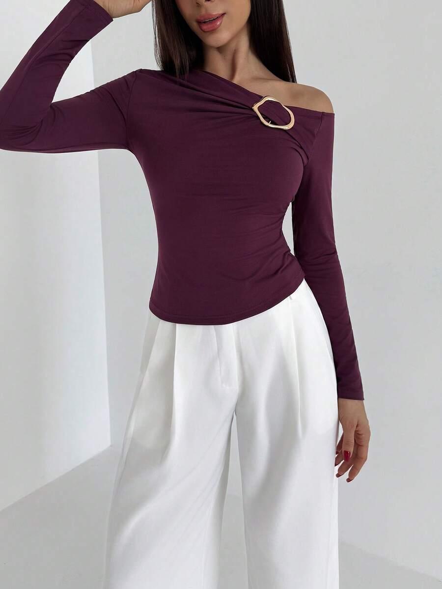 SHEIN DOPASOWANA BLUZKA ASYMETRYCZNY DEKOLT ZDOBIENIE S06__M