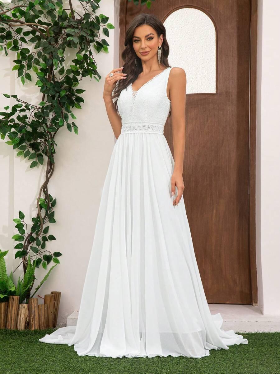 SHEIN BIAŁA SUKNIA ŚLUBNA BEZ RĘKAWÓW V-NECK S06__38
