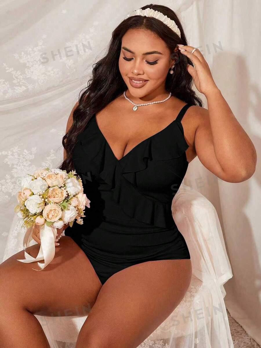 SHEIN CZARNY JEDNOCZĘŚCIOWY STRÓJ KĄPIELOWY FALBANA S09__48