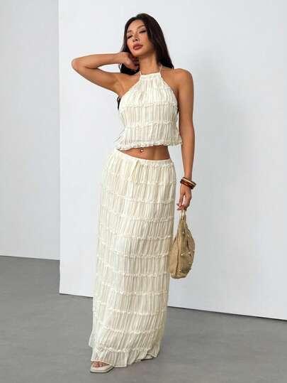 SHEIN KREMOWA MAXI SPÓDNICA S06__L