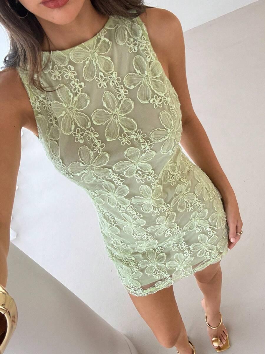 SHEIN ZIELONA MINI SUKIENKA ODKRYTE PLECY ZDOBIENIE HAFT S06__XS