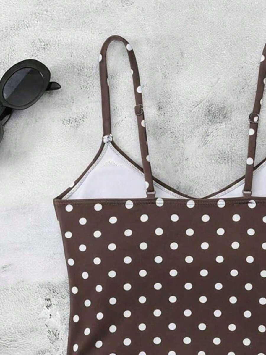 SHEIN BRĄZOWY STRÓJ KĄPIELOWY DWUCZĘŚCIOWY GROCHY S09__M