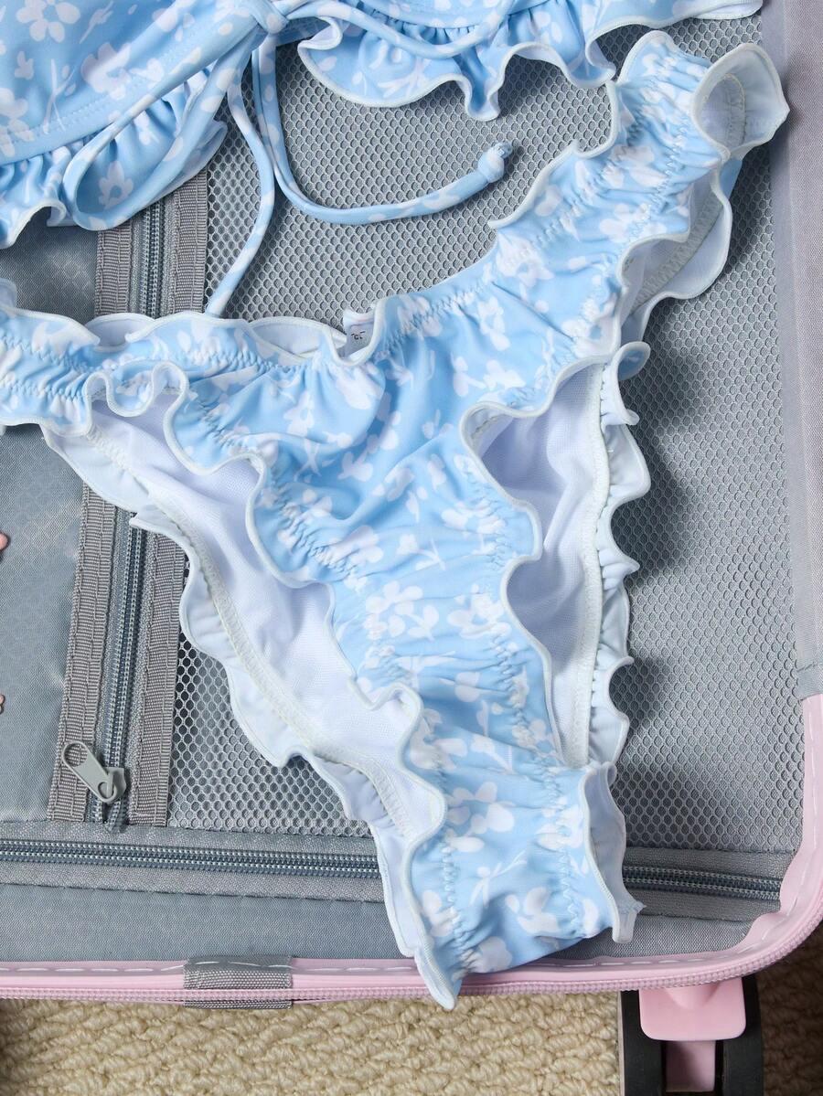 SHEIN NIEBISKI STRÓJ KĄPIELOWY DWUCZĘŚCIOWY PRINT KWIATKI S09__L