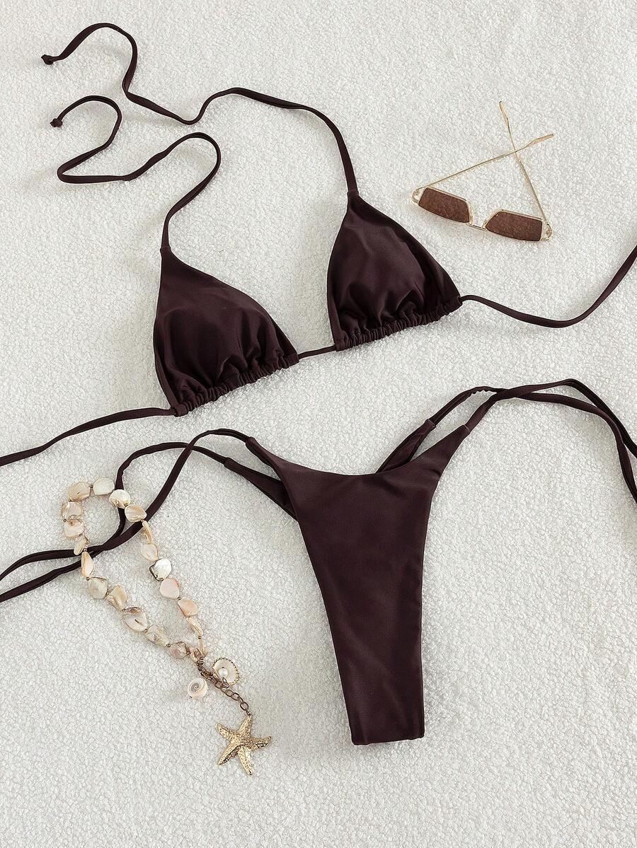 SHEIN DWUCZĘŚCIOWY BRĄZOWY WIĄZANY KOMPLET BIKINI S09__S