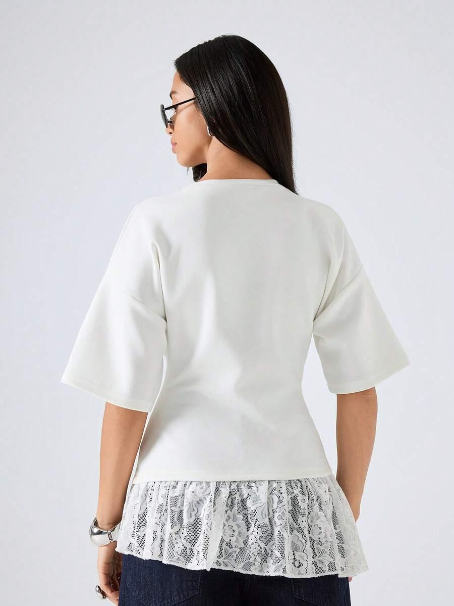 SHEIN BIAŁA BLUZKA ŁĄCZENIE KORONKA S06__M