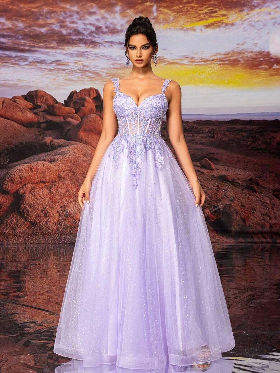 SHEIN FIOLETOWA MAXI SUKIENKA ZDOBIENIE S06__M