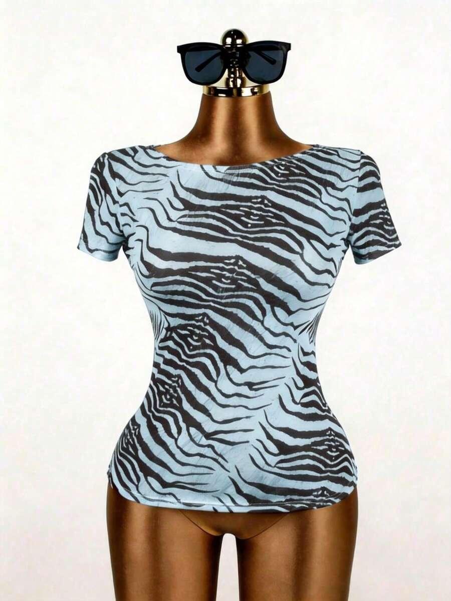 SHEIN SIATECZKOWY TOP KRÓTKI RĘKAW WZÓR S06__M