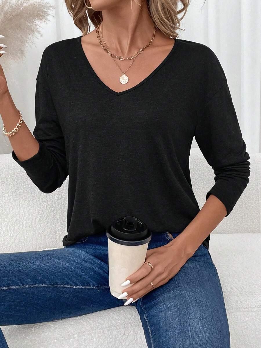 SHEIN CZARNA BLUZKA DŁUGI RĘKAW S06__M