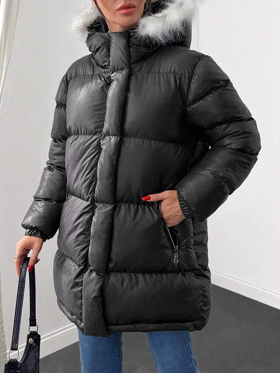 SHEIN CZARNA PIKOWANA KURTKA Z KAPTUREM FUTERKO W01__L