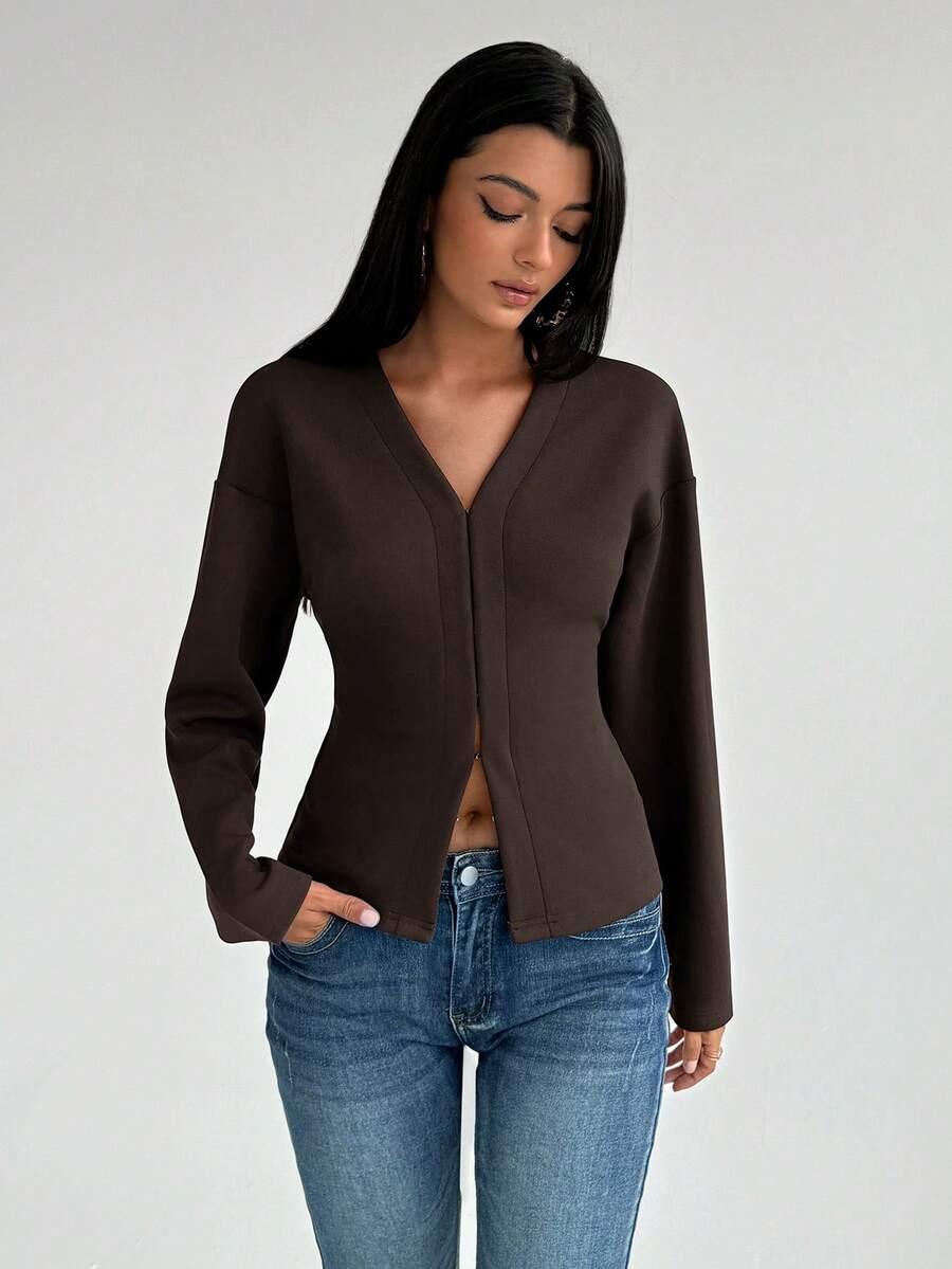ALORUH BRĄZOWA BLUZKA V NECK S06__S
