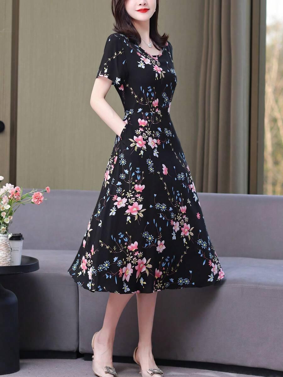 SHEIN CZARNA MIDI SUKIENKA KWIATY S06__XL