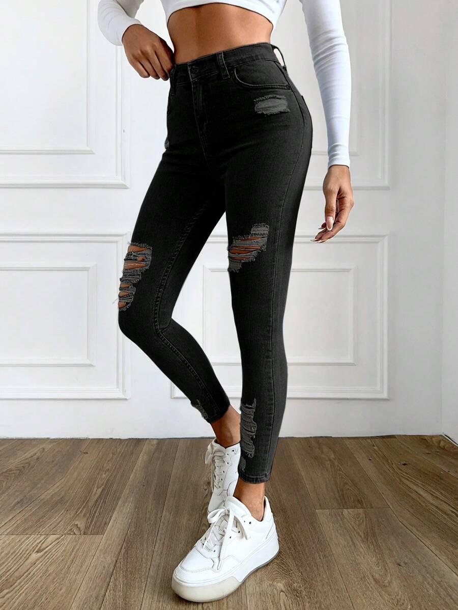 SHEIN SPODNIE Z WYSOKIM STANEM JEANS PRZETARCIA KIESZENIE ZAMEK S06__XS