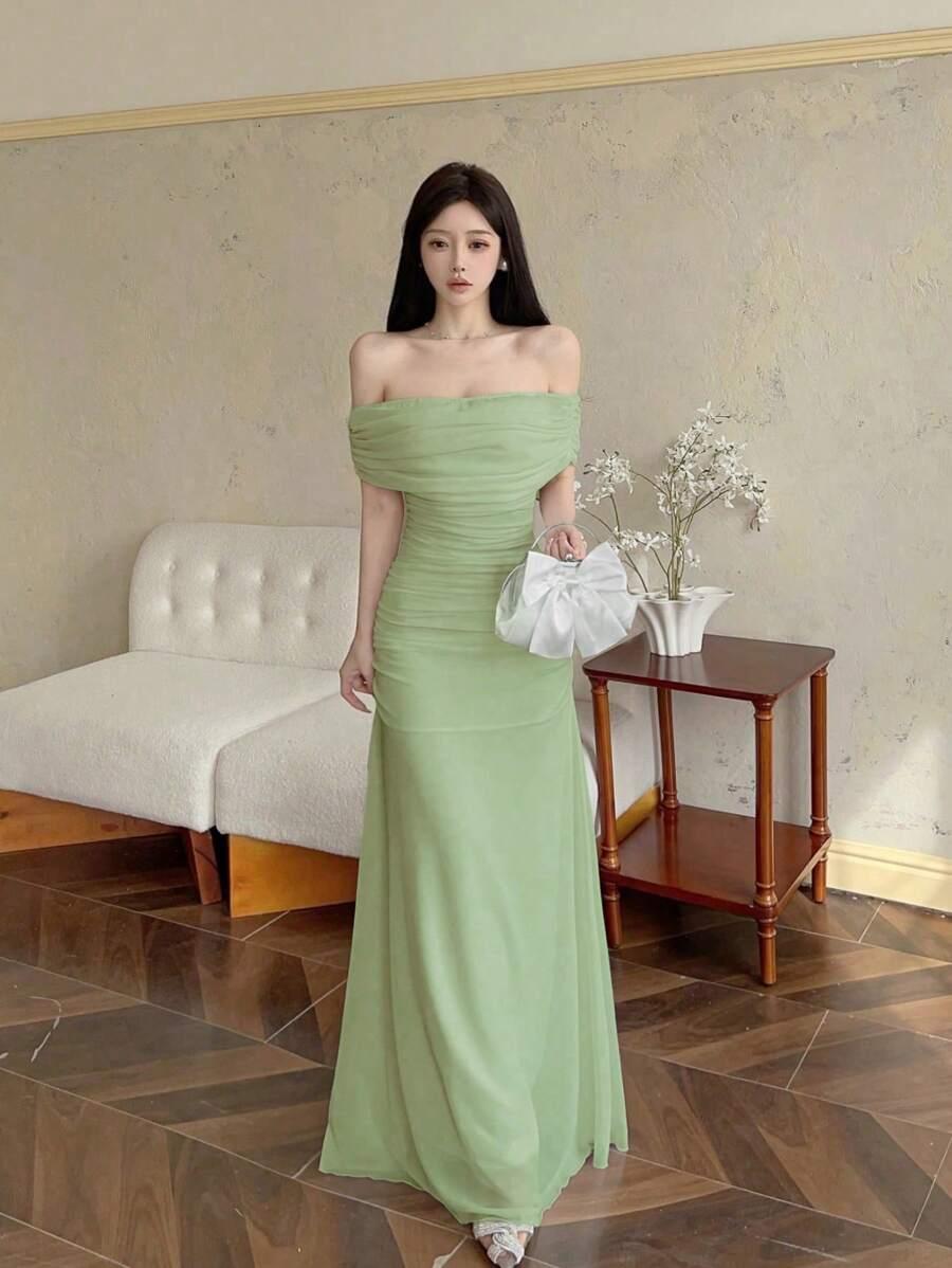 SHEIN ZIELONA MAXI SUKIENKA ODKRYTE RAMIONA S06__S