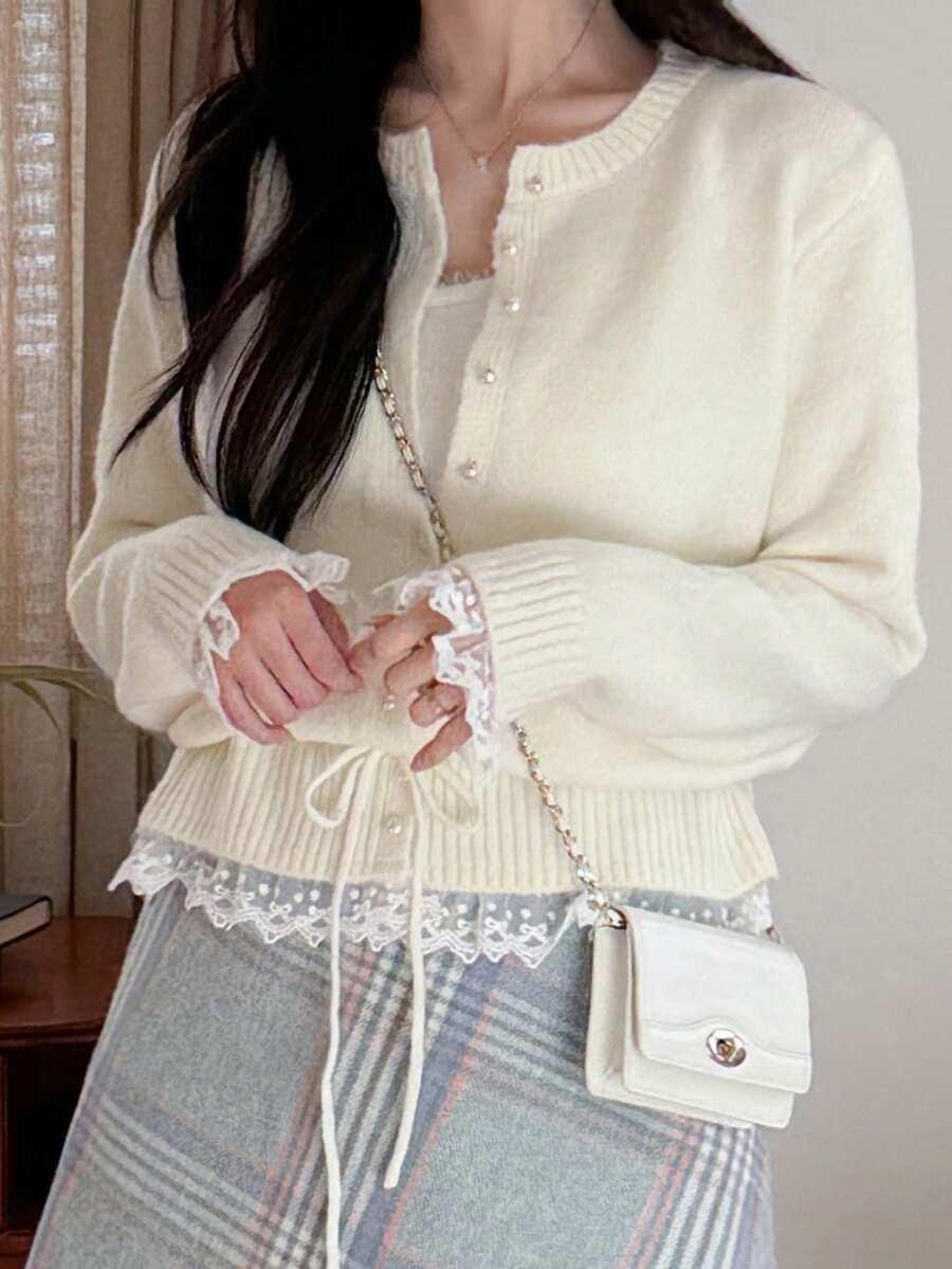 DAZY BEŻOWY SWETER KARDIGAN KORONKA S06__L