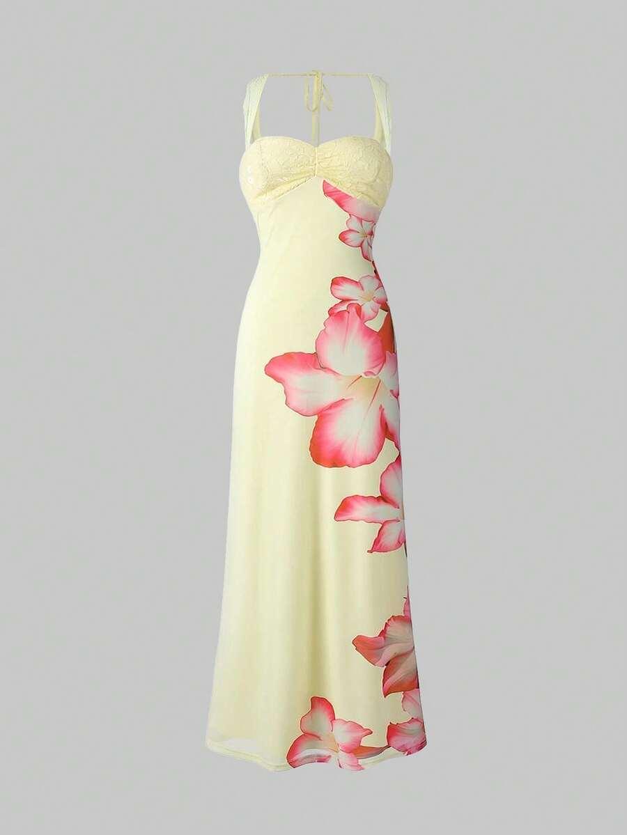 SHEIN ŻÓŁTA MAXI SUKIENKA WZÓR KWIATY S09__S