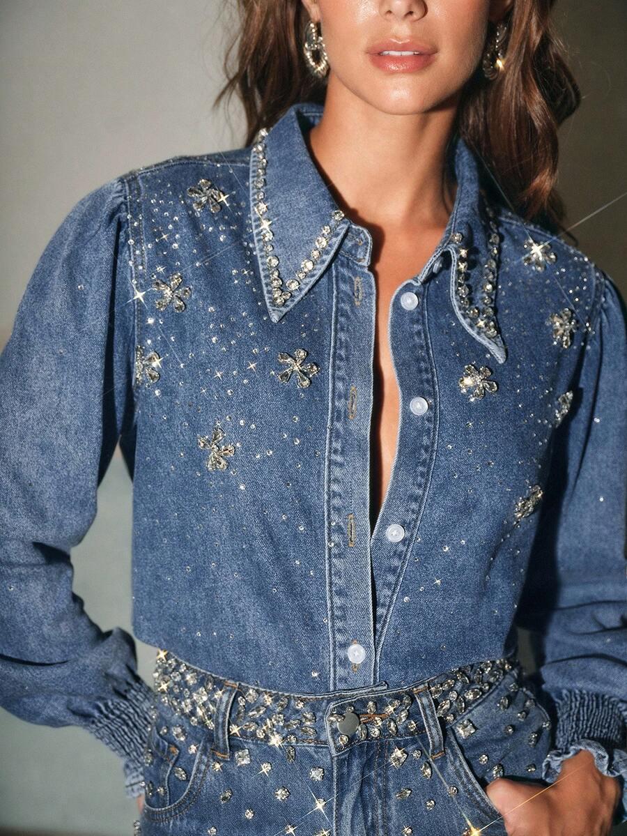 SHEIN NIEBIESKA JEANSOWA KOSZULA ZDOBIENIE S06__L