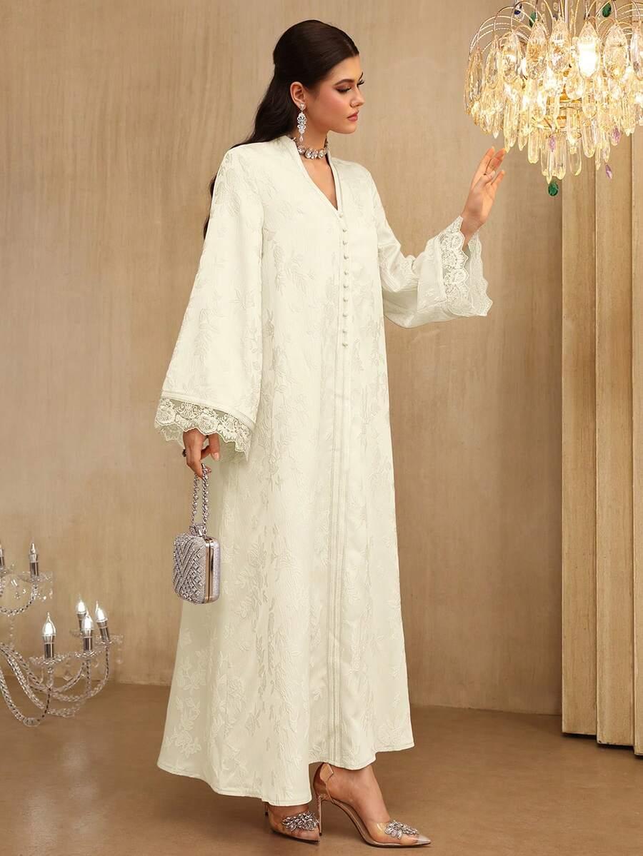 SHEIN KREMOWA MAXI SUKIENKA GUZIKI HAFT S06__L