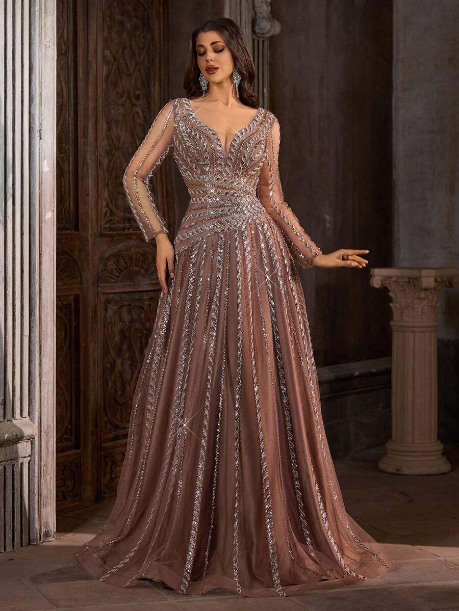 SHEIN SUKIENKA MAXI DŁUGI RĘKAW ZDOBIENIA S06__XL