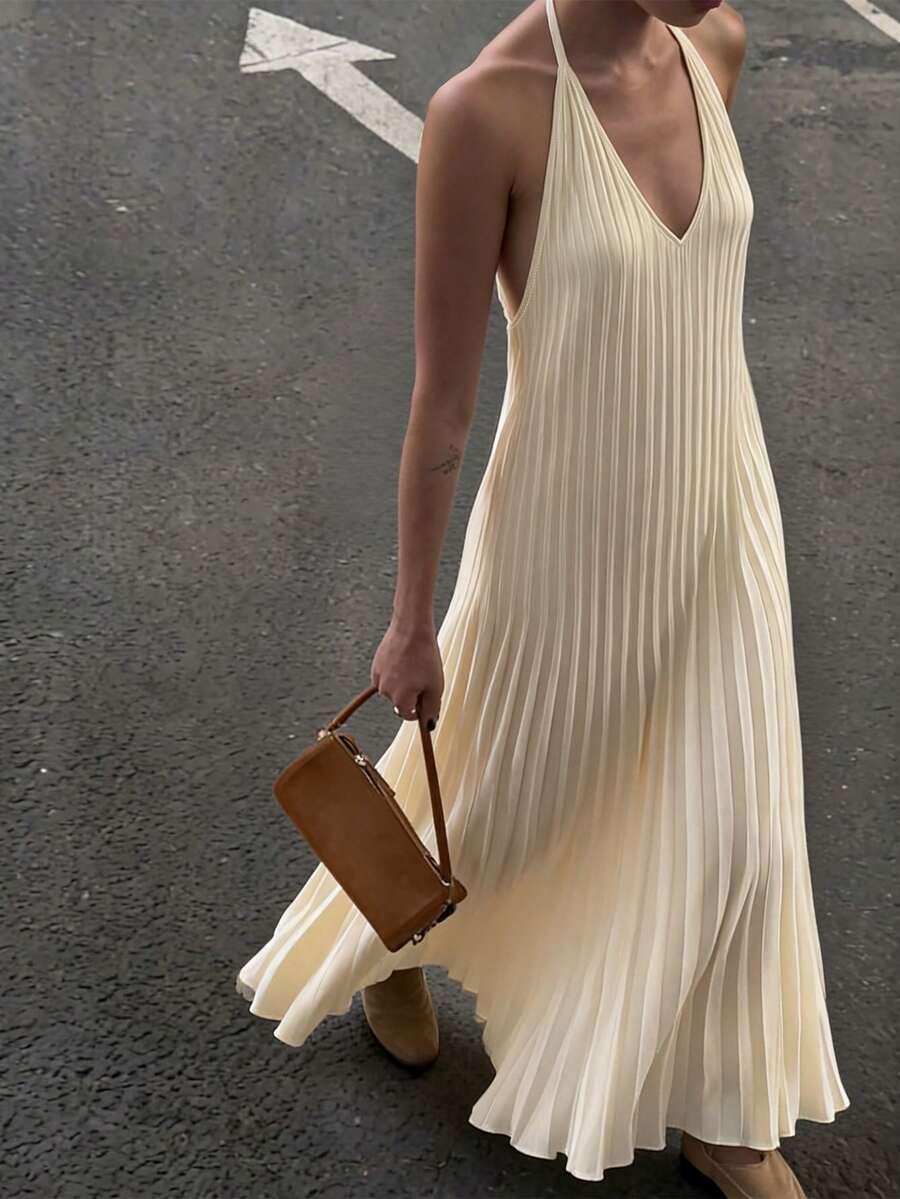 SHEIN PLISOWANA KREMOWA MAXI SUKIENKA S06__XS