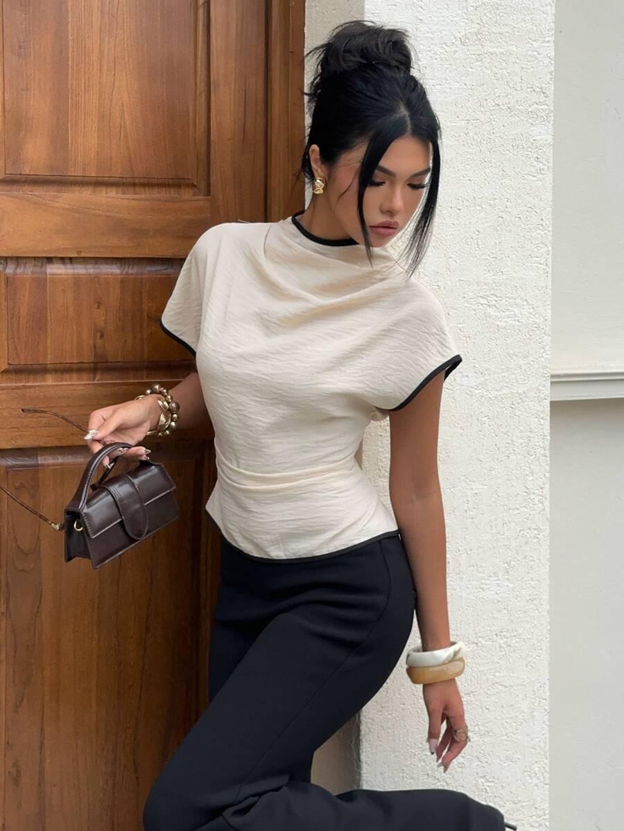 SHEIN BEŻOWA BLUZKA STÓJKA KONTRAST PK01__M