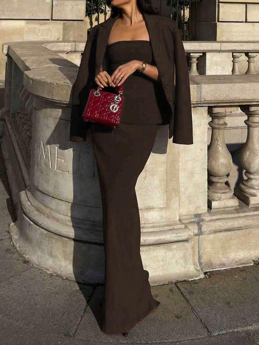 SHEIN BRĄZOWA MAXI SPÓDNICA
