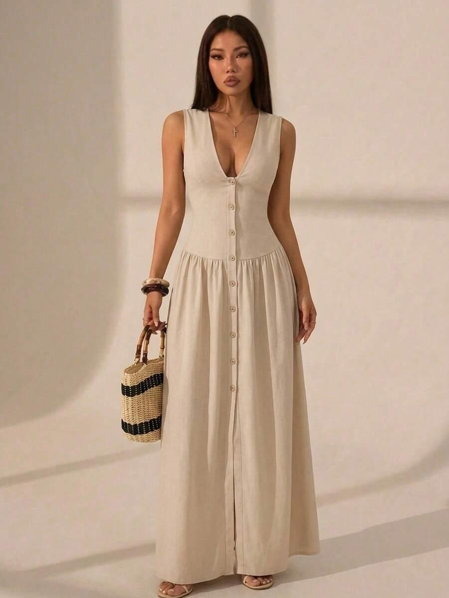 SHEIN BEŻOWA MAXI SUKIENKA S06__XS
