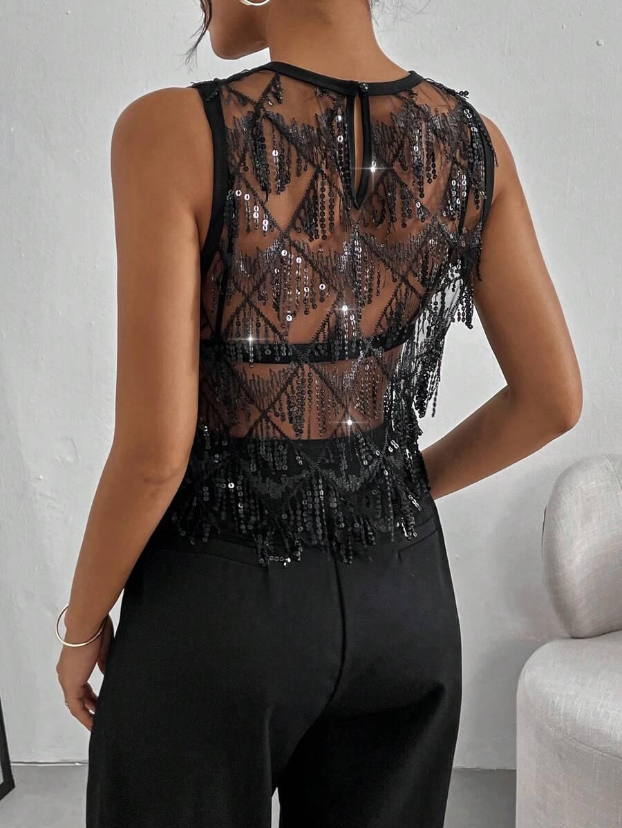 SHEIN CZARNY TOP ZDOBIENIA S06__L