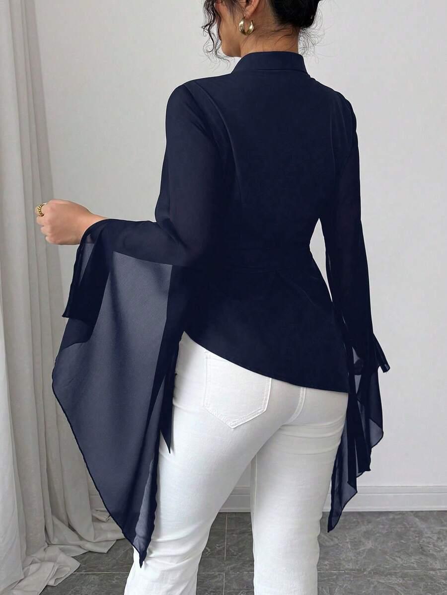 SHEIN GRANATOWA BLUZKA DŁUGI RĘKAW WIĄZANIE S06__M