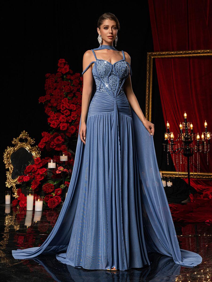 GLAMRAE NIEBIESKA MAXI SUKIENKA ZDOBIENIE S06__L