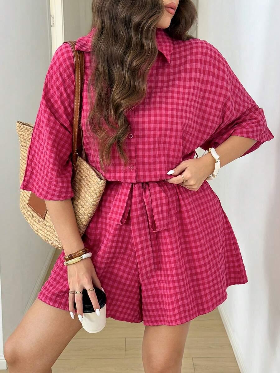 SHEIN RÓŻOWY KOMBINEZON WZÓR KRATKA S06__46