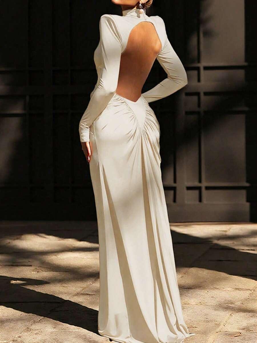 SHEIN BEŻOWA MAXI SUKIENKA DŁUGI RĘKAW S06__L