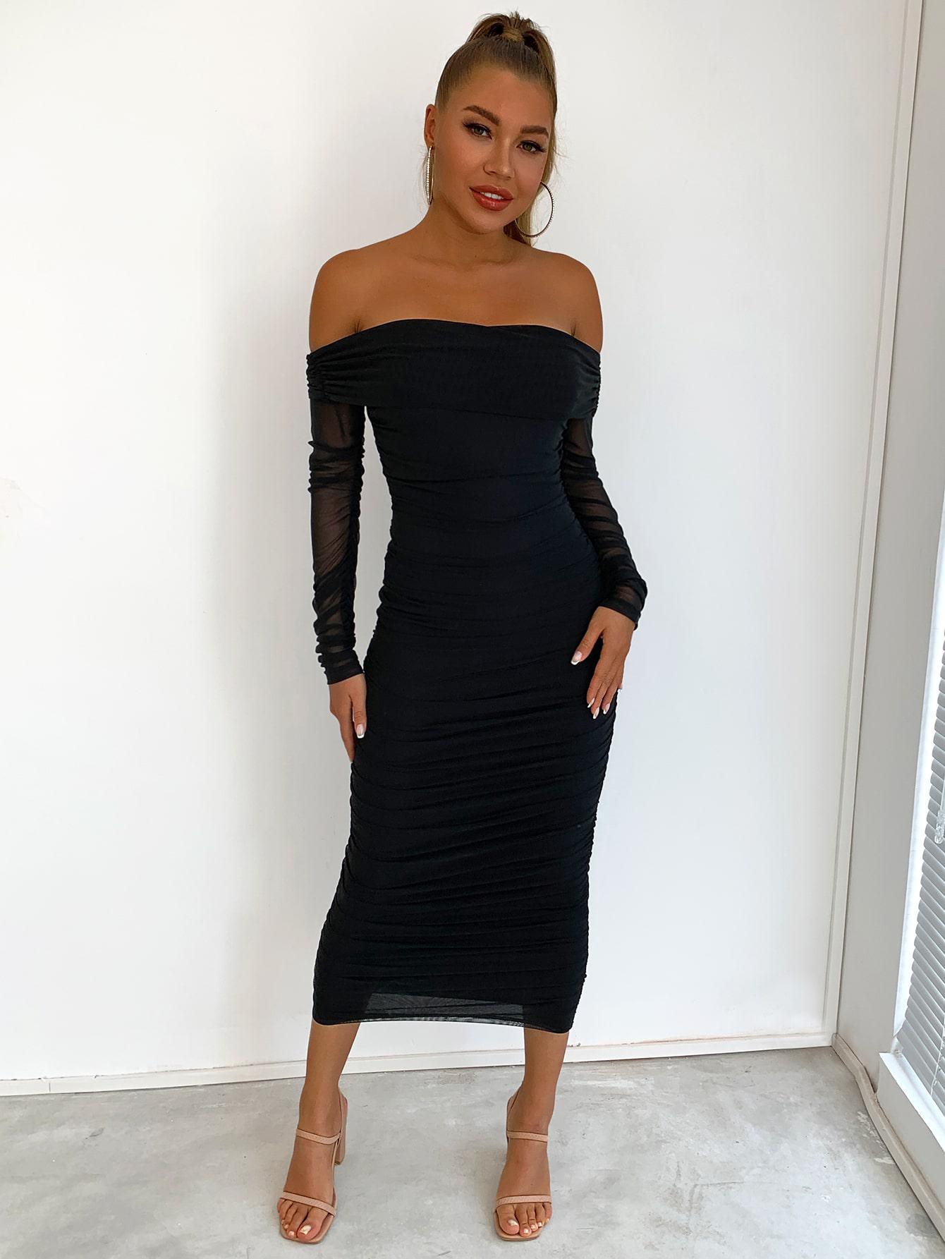 SHEIN CZARNA MIDI SUKIENKA ODKRYTE RAMIONA S06__XL