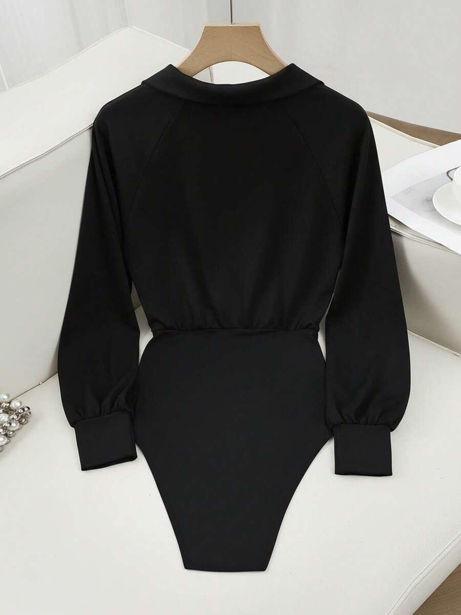 SHEIN CZARNE BODY DŁUGI RĘKAW KOŁNIERZYK PK01__M