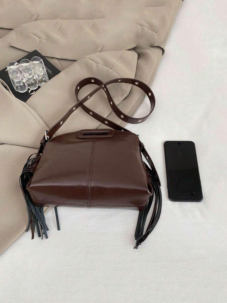 SHEIN BRĄZOWA TOREBKA IMITACJA SKÓRY FRĘDZLE S07__10X19X24CM