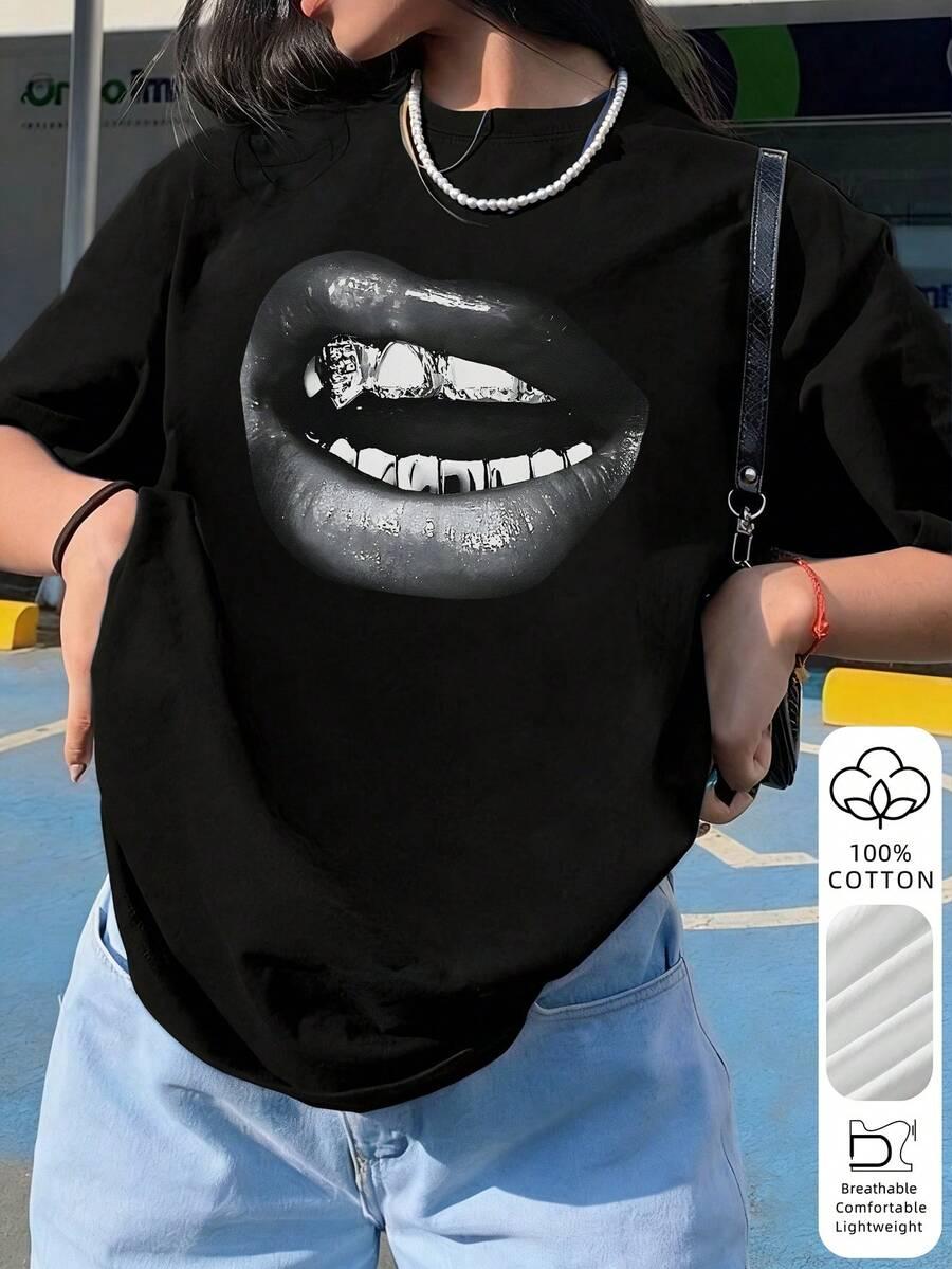 SHEIN CZARNY T-SHIRT NADRUK S06__XS