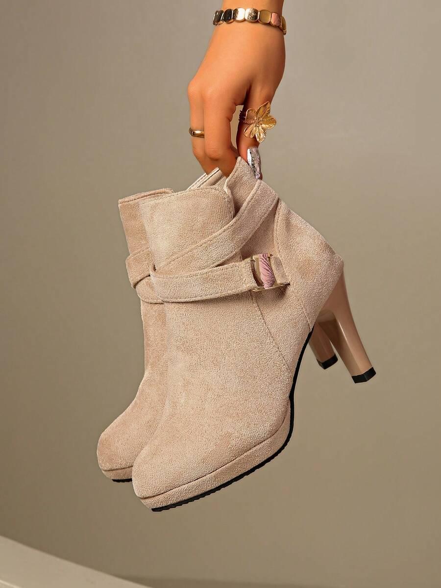 SHEIN BEŻOWE BOTKI NA OBCASIE ZAMEK W01__39,5