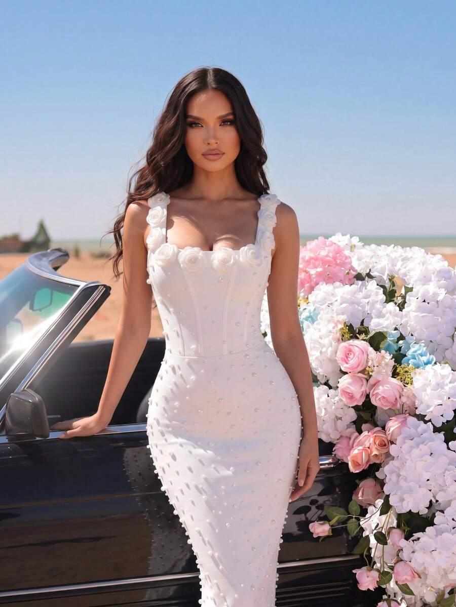 SHEIN BIAŁA MAXI SUKIENKA ZDOBIENIE S06__S