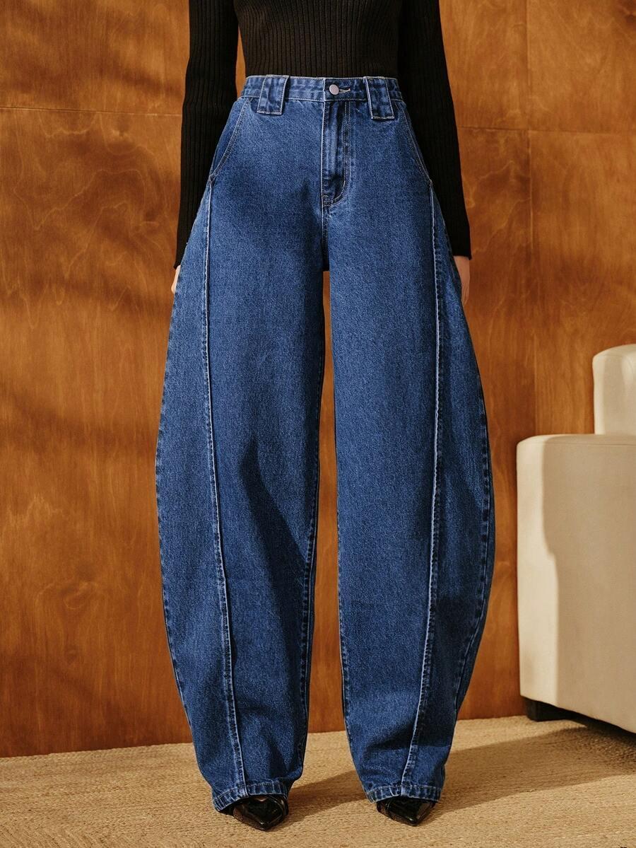 ANEWSTA GRANATOWE SPODNIE JEANS BARREL S06__XL