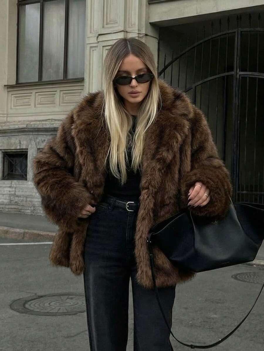 SHEIN BRĄZOWE SZTUCZNE FUTRO W01__M