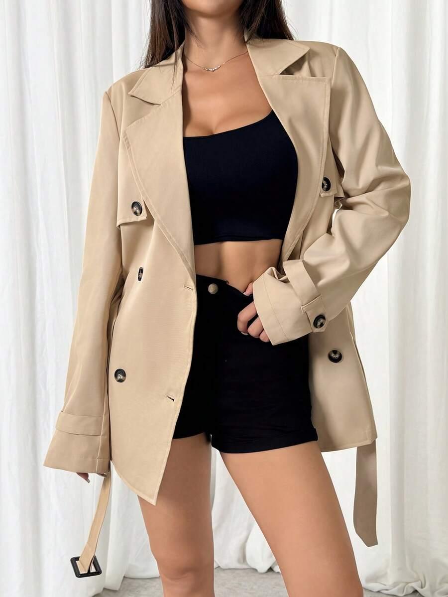 SHEIN BEŻOWY PŁASZCZ TRENCZ W01__L