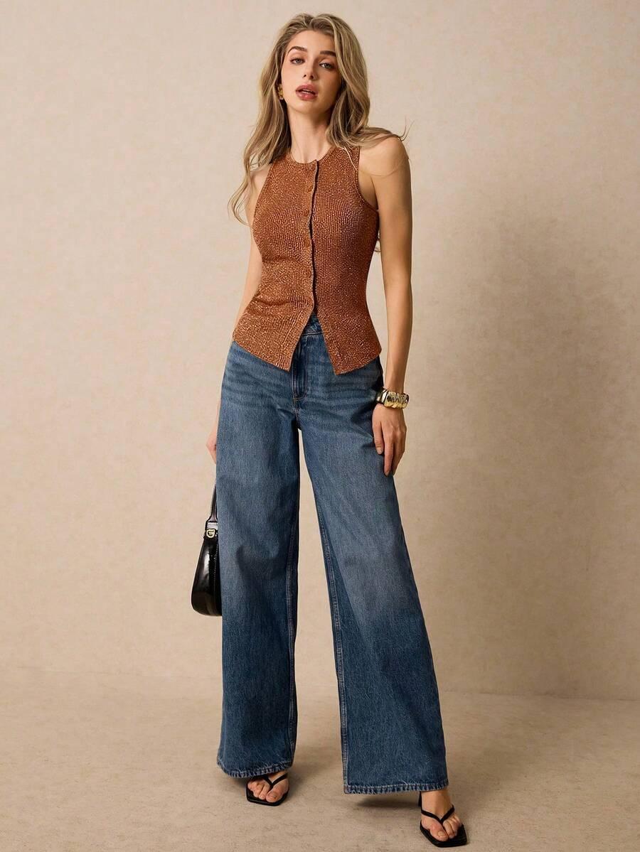 SHEIN BRĄZOWY DZIANINOWY TOP S06__S