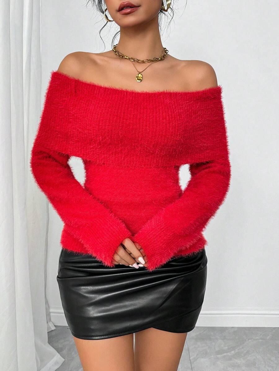 SHEIN CZERWONY SWETER ODKRYTE RAMIONA S06__M