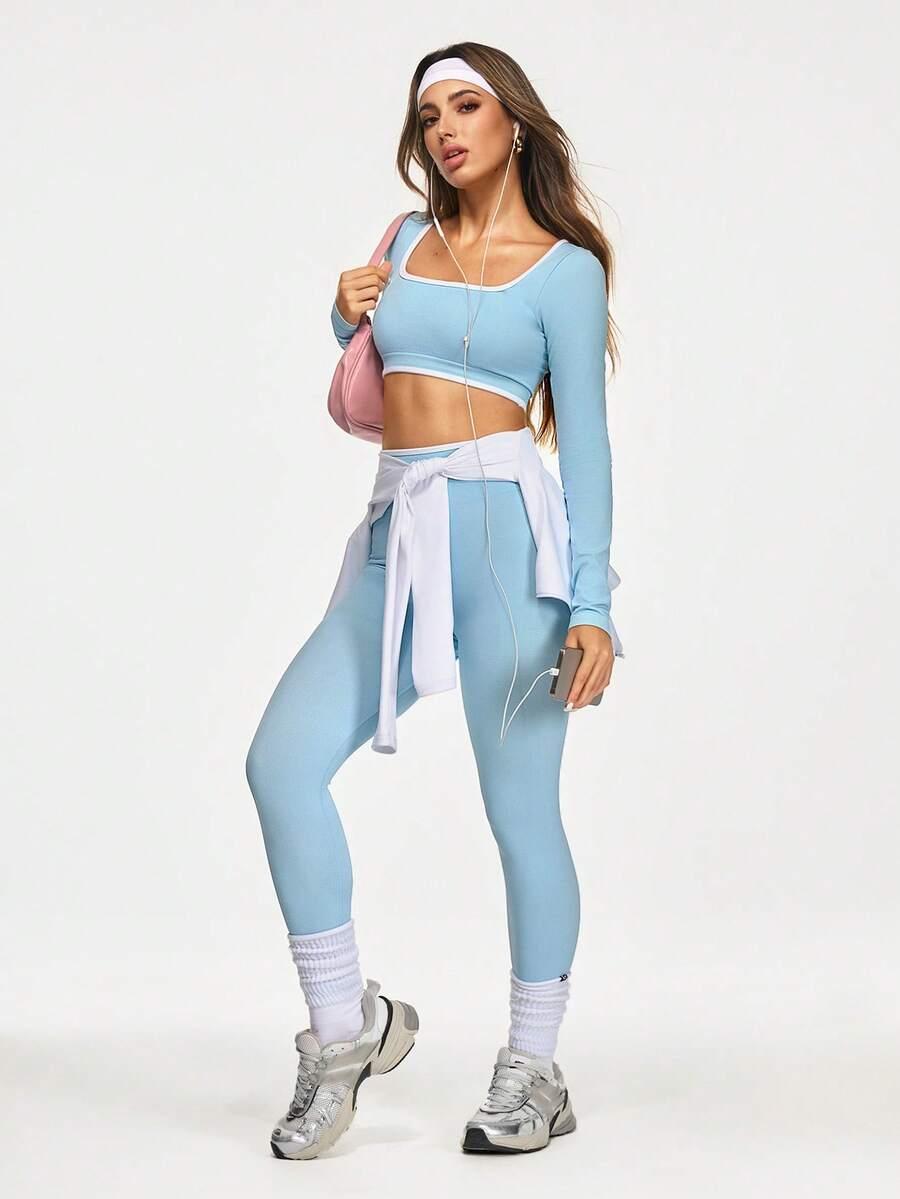 SHEIN NIEBIESKIE LEGGINSY TOP ZESTAW S06__M