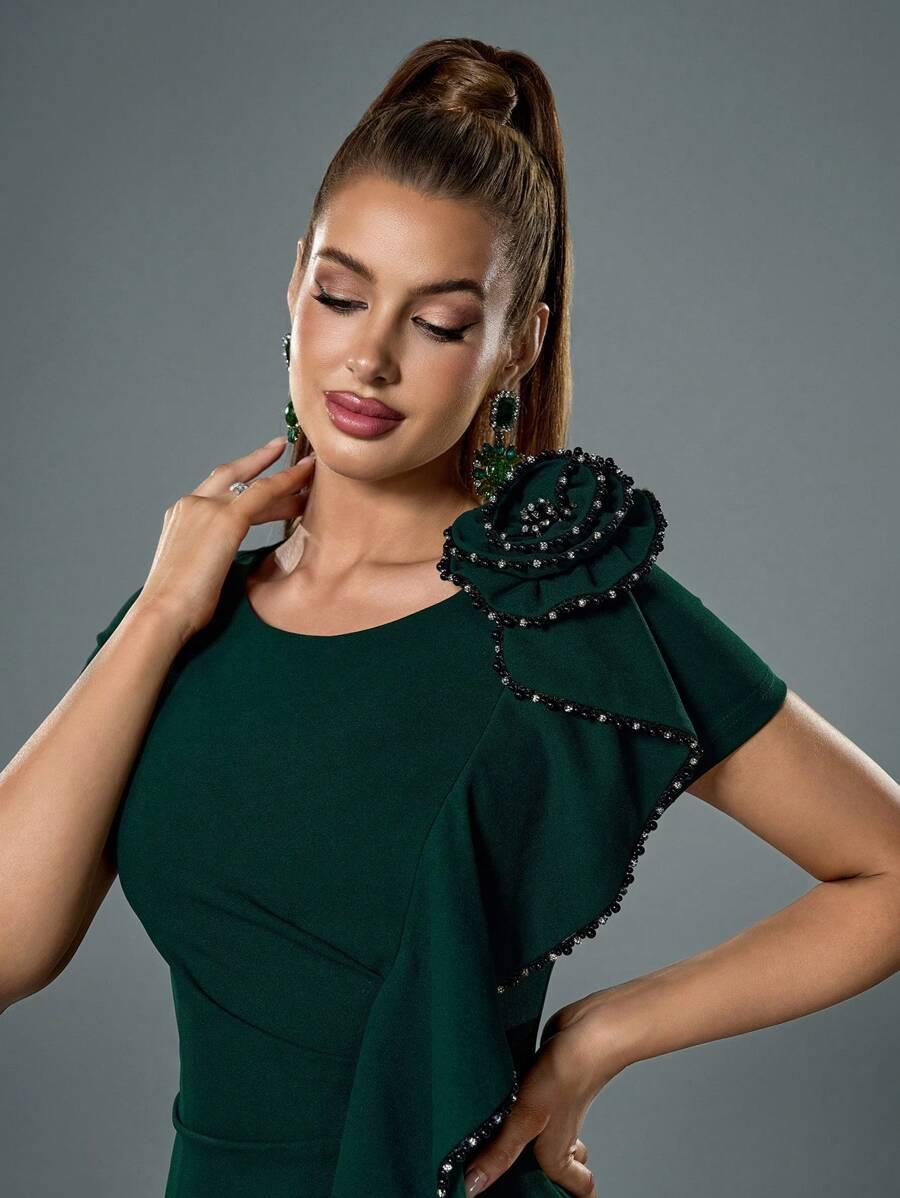 SHEIN ZIELONA MAXI SUKIENKA ZDOBIENIA KWIAT 3D POŁYSK PK01__52